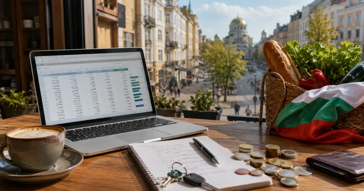 Person reviewing a monthly budget on a laptop with Bulgarian lev and euro coins on the table